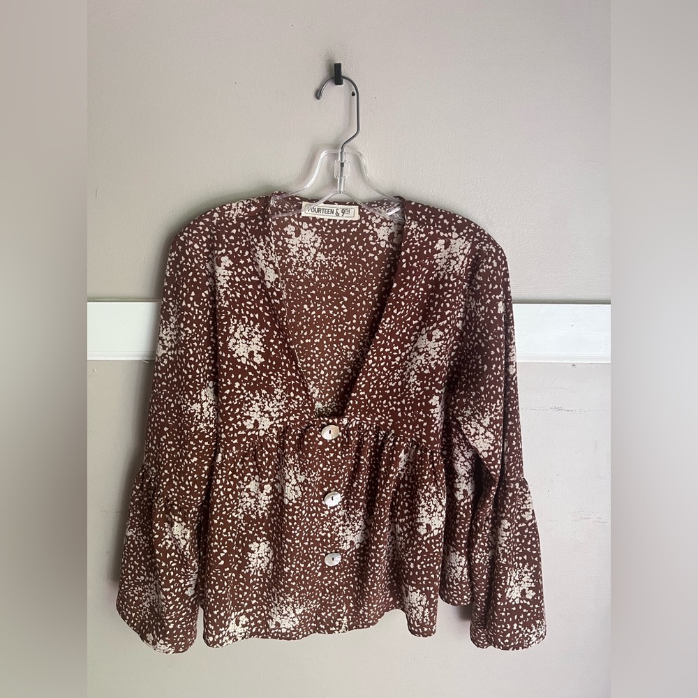 Printed Button-Front Peplum Blouse in Brown and Cream